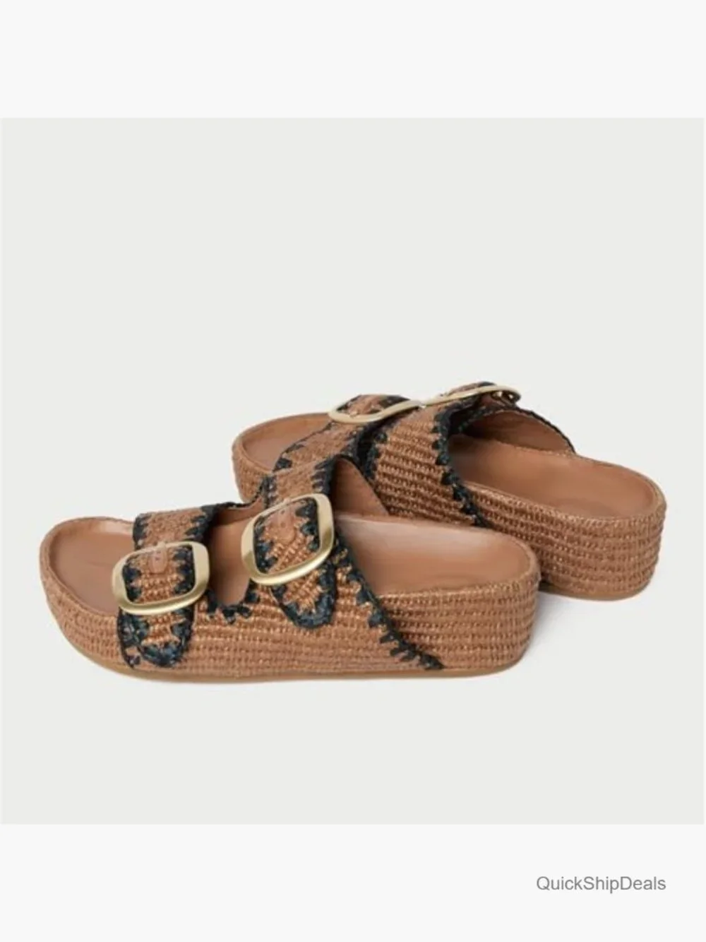 Woven Double-Buckle Espadrille Slide in Brown and Black Trim